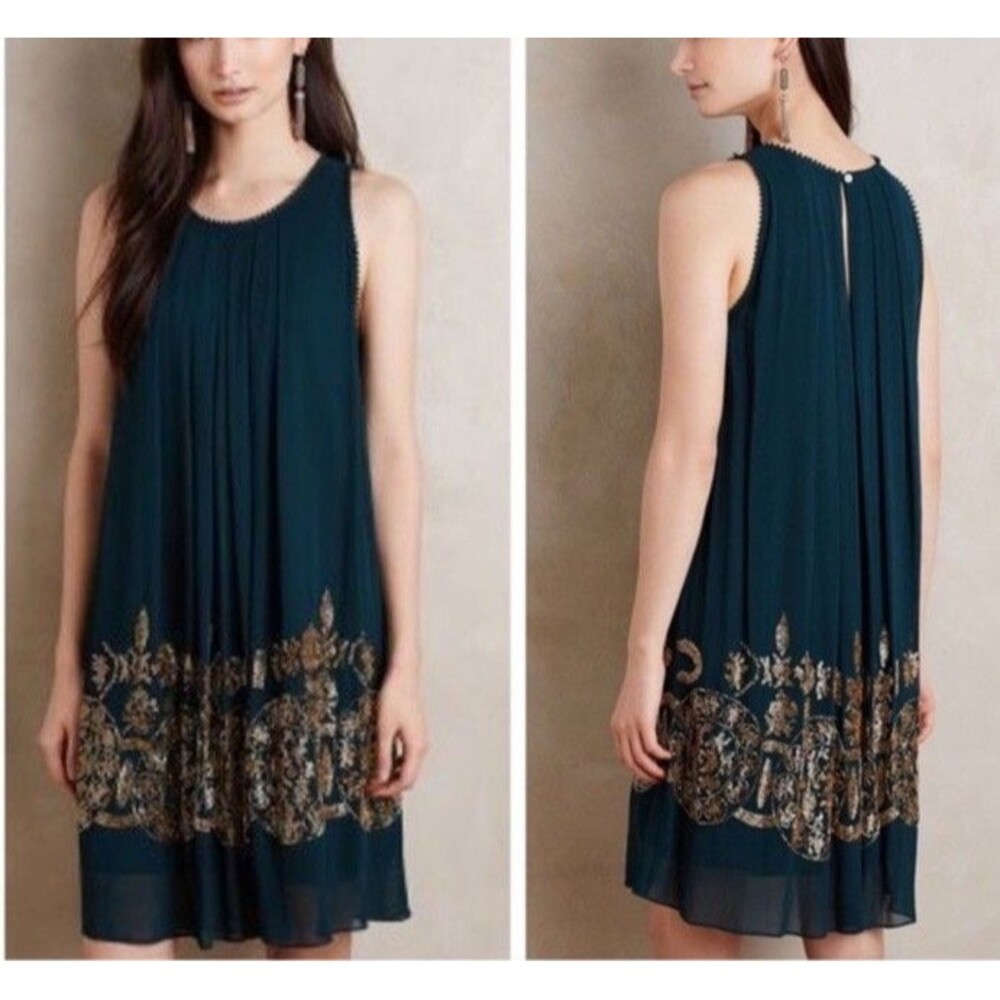 Anthropologie Women's Pallavi Mohan Not So Serious Beaded Swing Dress Sz 14 Teal